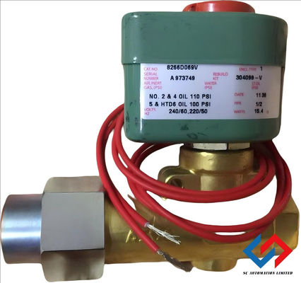ASCO 8266D069V 240/60Hz 220/50Hz 2-Way Brass Solenoid Valve 2/2 Normally Closed Lead Length 18 inch