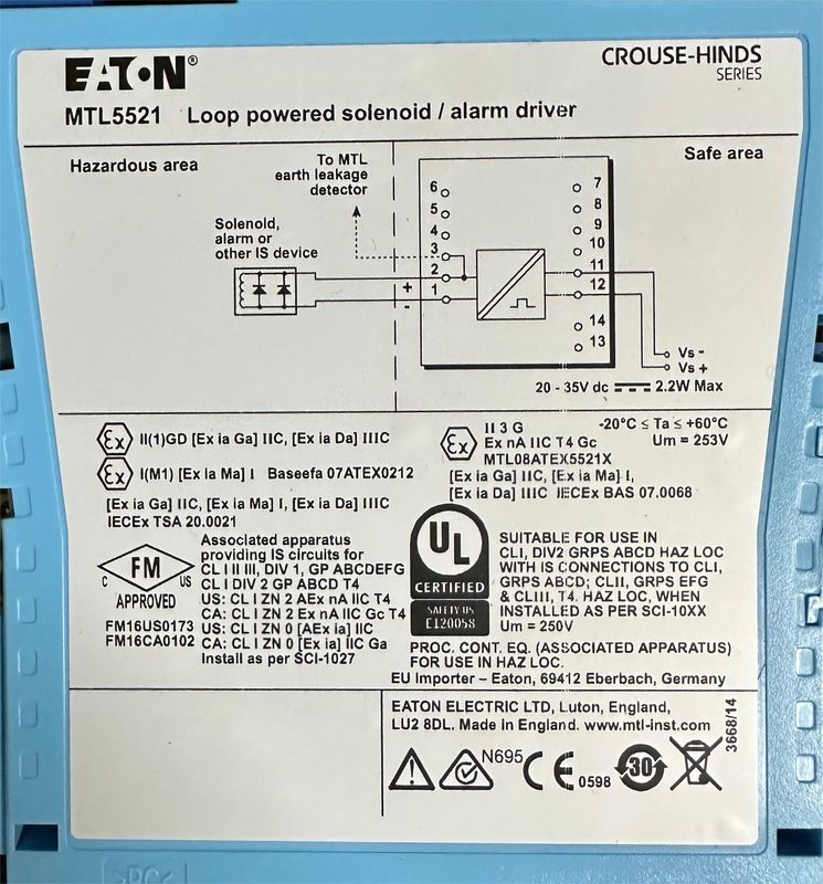 MTL5521 MTLx521 SOLENOID ALARM DRIVER CE